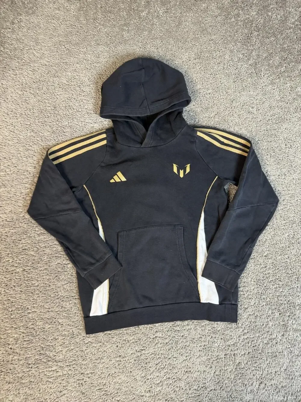 Adidas Hoodie Boys Medium Years Black Pullover Gold Stripes Messi Logo Fleece
